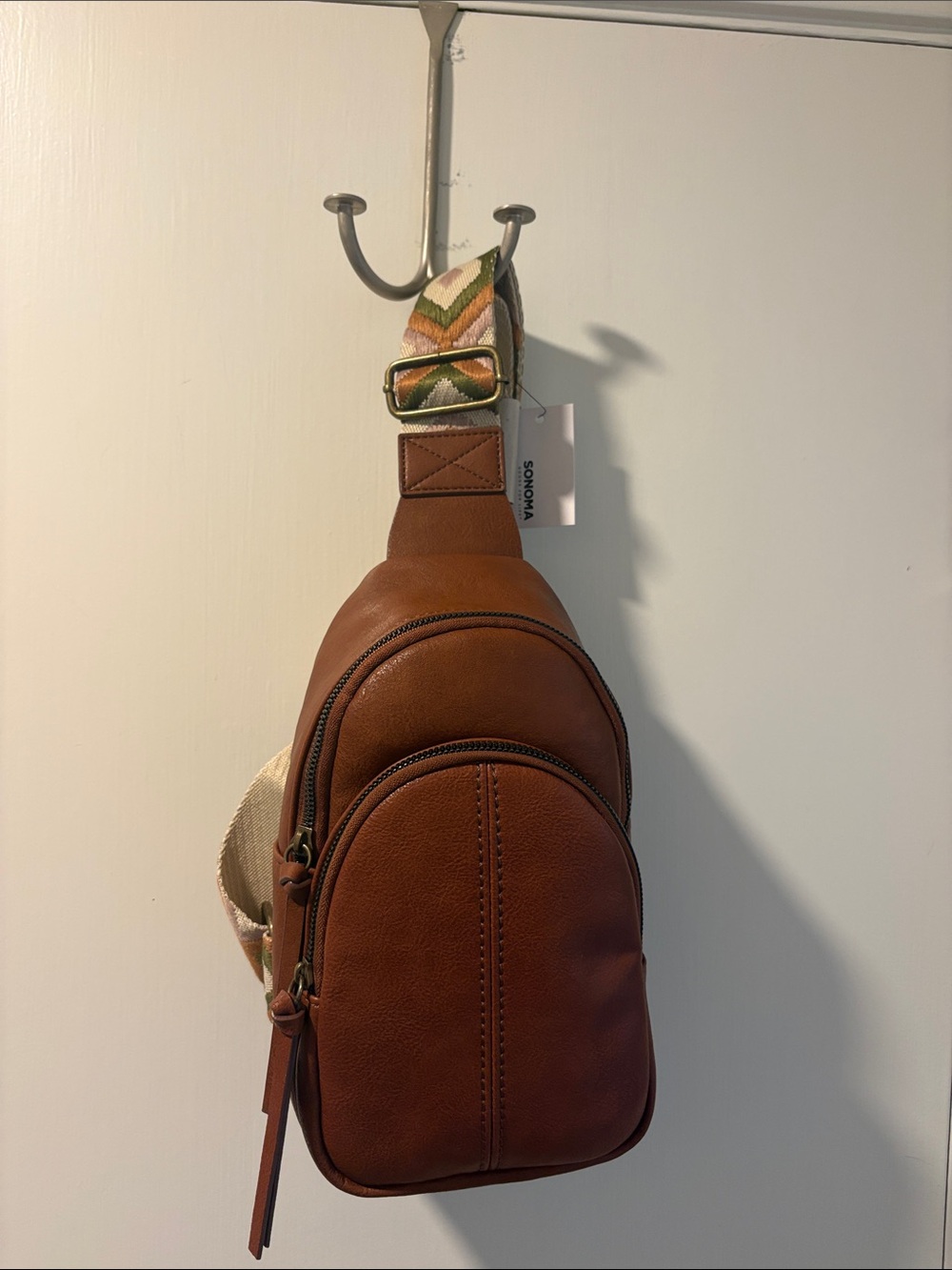 Sonoma Brown Vegan Leather Crossbody Sling with Patterned Green Strap - Picture 3 of 3
